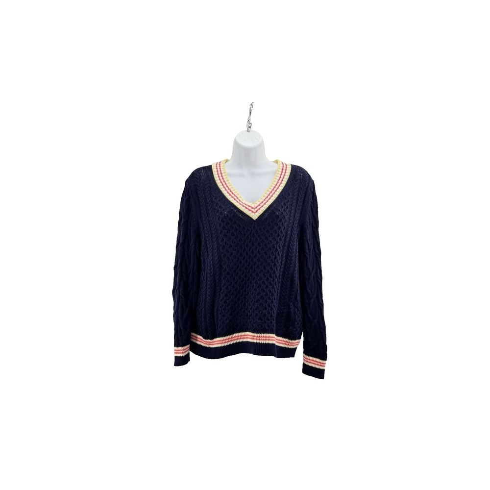Talbots Cricket V Neck Sweater L Petite Navy Linen Blend Cable Knit Old Money - Picture 3 of 9